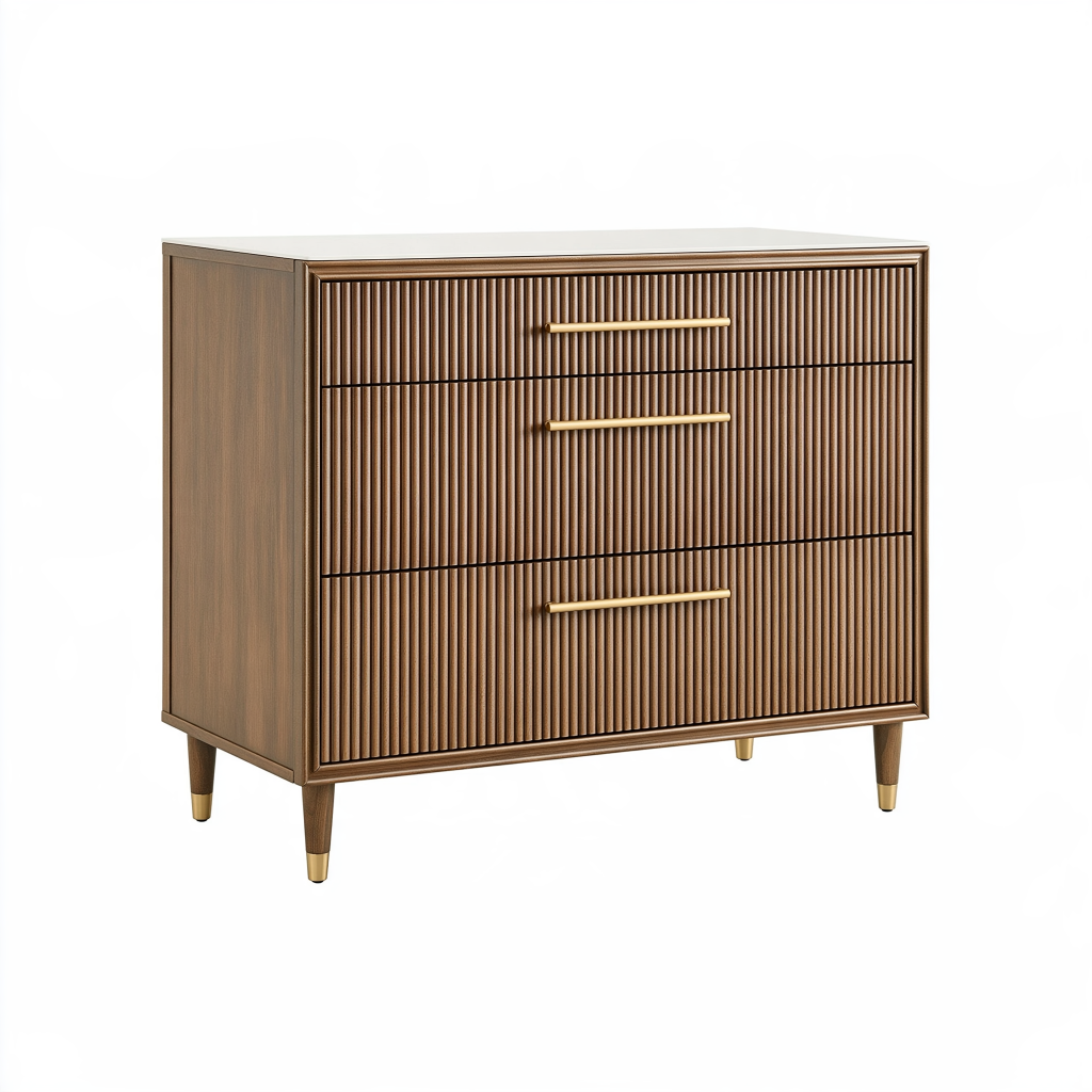 Commode 120 cm en bois brun à 3 tiroirs style moderne rainuré