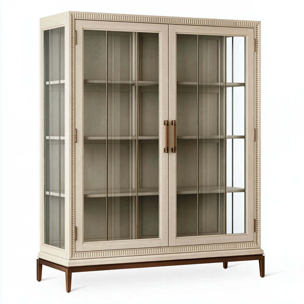 Vitrine 120 x 45 x 190 cm en bois beige avec portes vitrées style classique