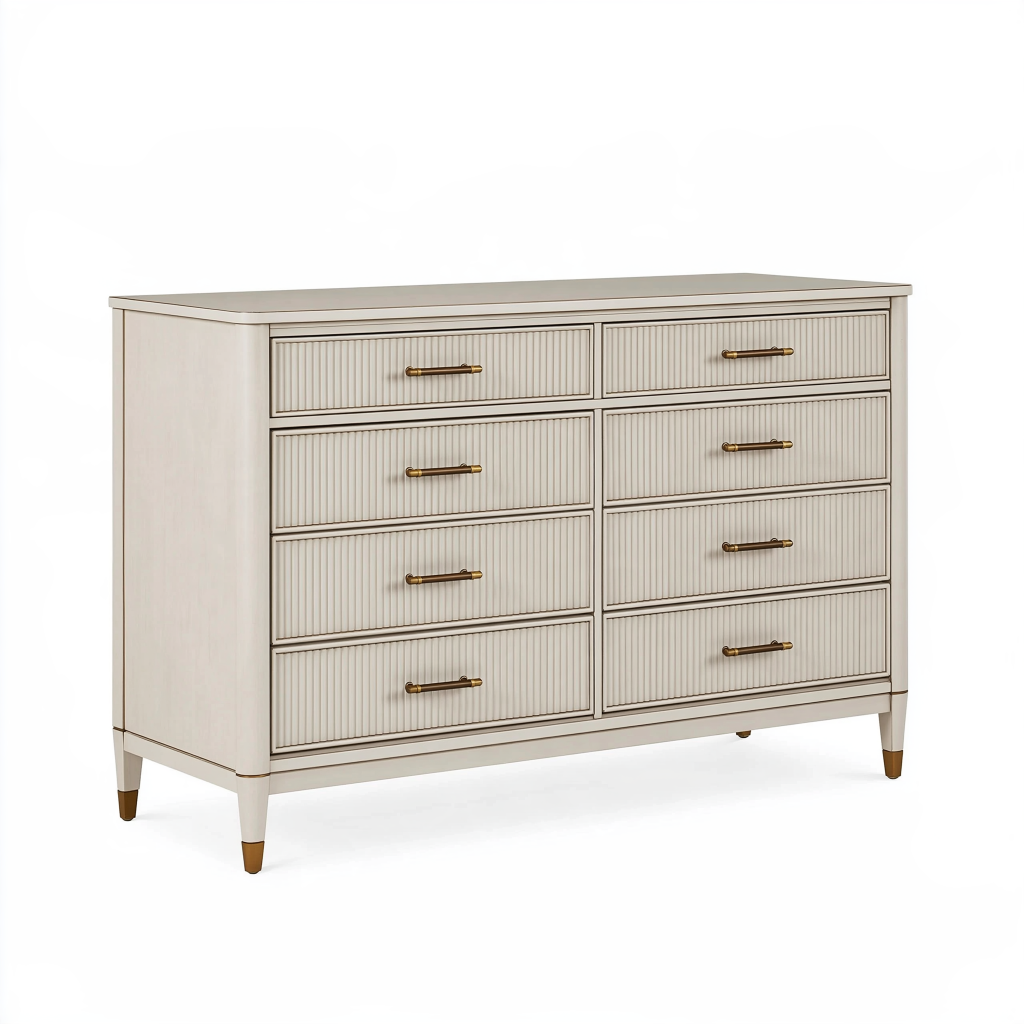 Commode 140 x 45 x 90 cm en bois crème à 8 tiroirs style classique