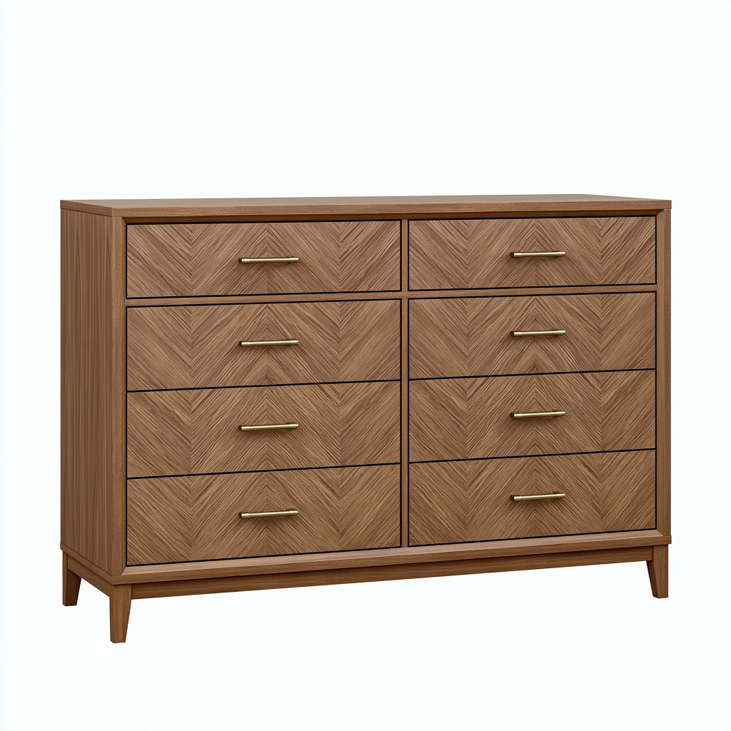 Commode 150 x 45 x 100 cm finition bois noyer à 8 tiroirs style moderne