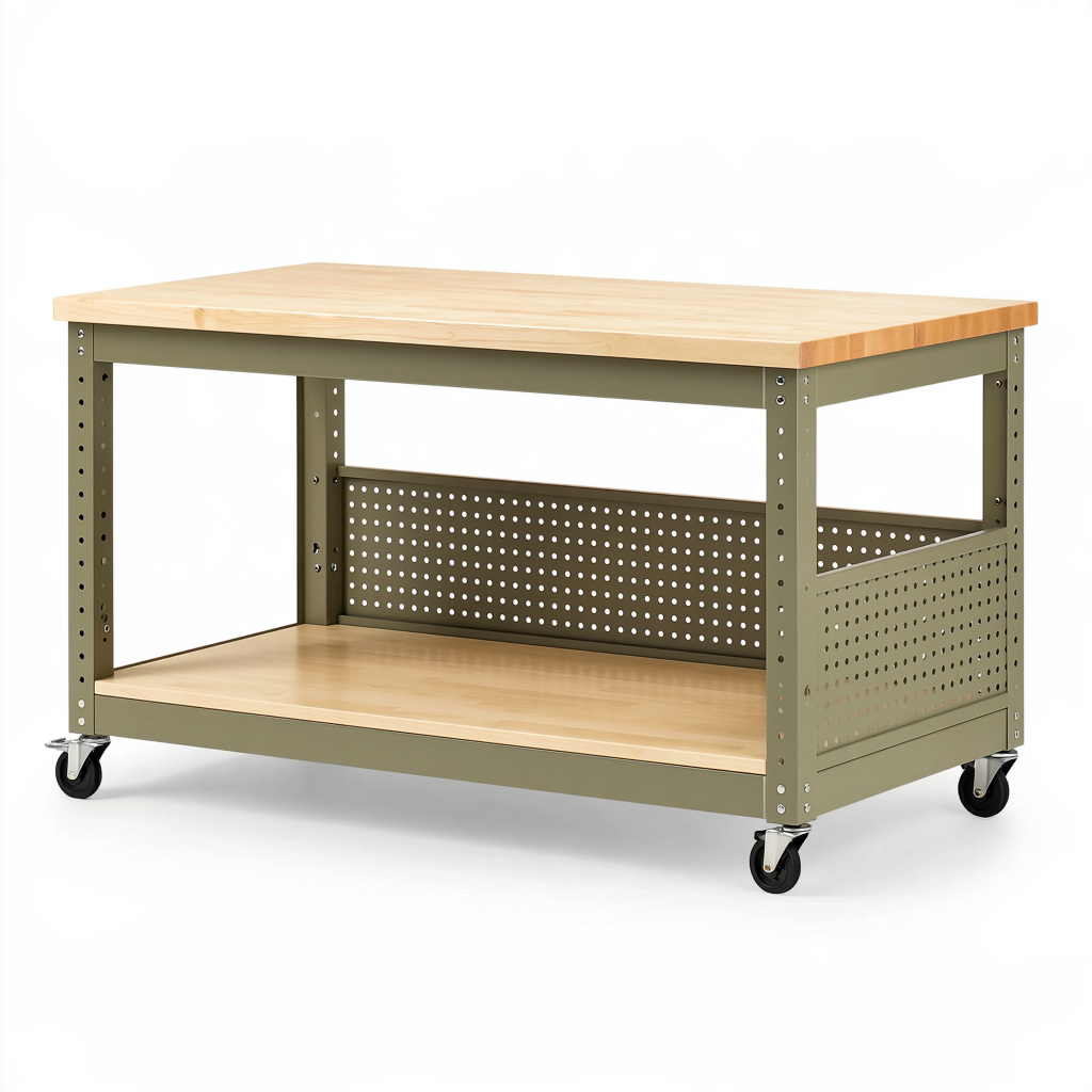 Établi roulant 120 x 60 x 90 cm en bois et métal kaki avec roulettes