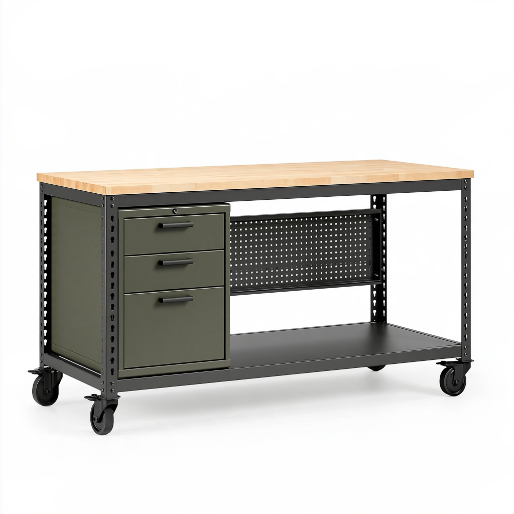 Établi roulant 120 x 60 x 90 cm en acier et bois vert noir avec 3 tiroirs style industriel