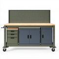 Établi d atelier 180 x 60 x 165 cm en métal kaki avec plateau en bois rangements et roulettes