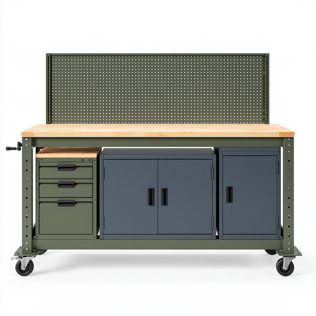 Établi d atelier 180 x 60 x 165 cm en métal kaki avec plateau en bois rangements et roulettes