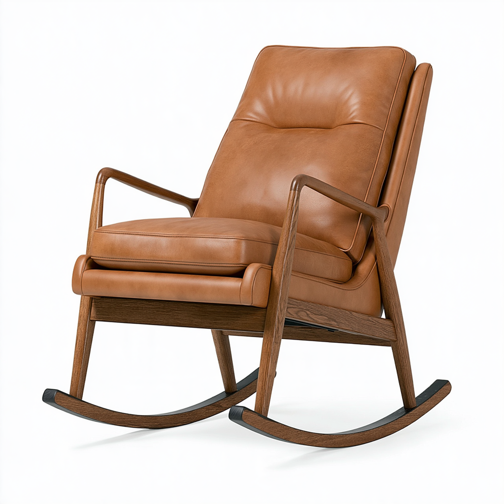 Fauteuil à bascule 76 x 92 x 104 cm en cuir marron structure en bois style scandinave