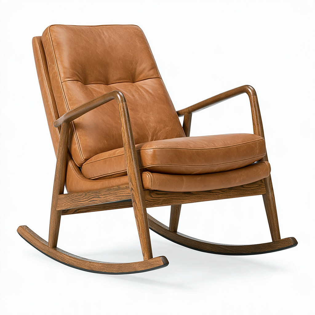 Fauteuil à bascule 100 x 72 x 96 cm en bois brun et revêtement aspect cuir cognac style vintage