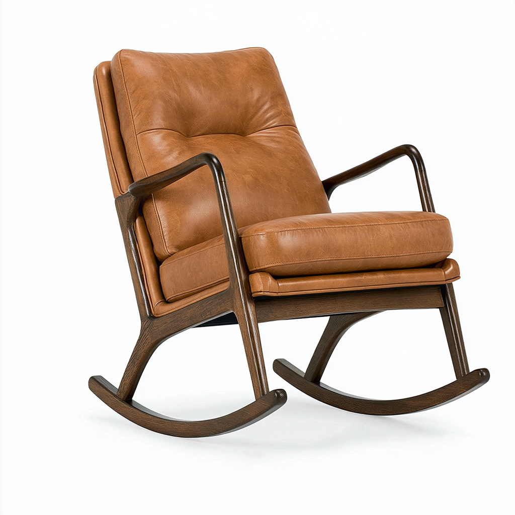 Fauteuil à bascule 75 x 95 x 102 cm aspect cuir camel structure en bois style vintage