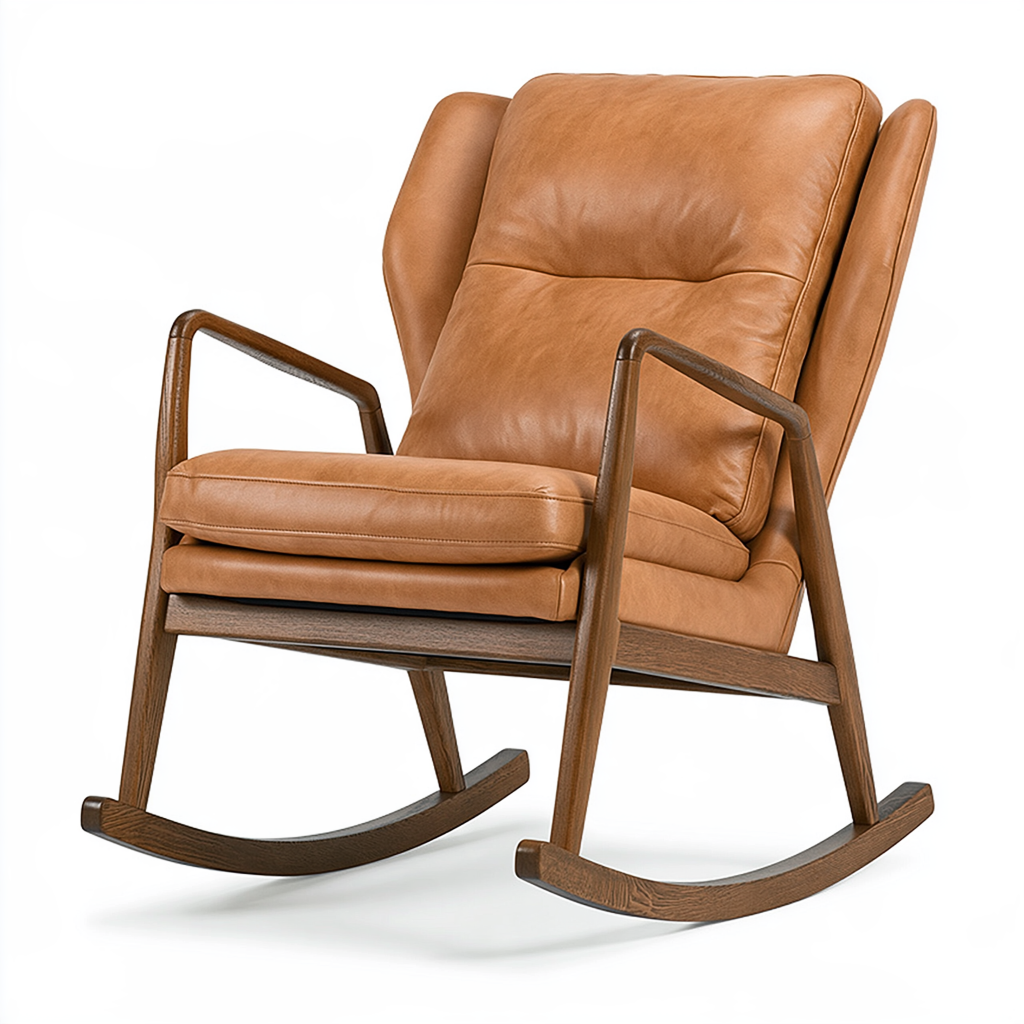 Fauteuil à bascule 75 x 90 x 100 cm en cuir brun structure en bois style vintage