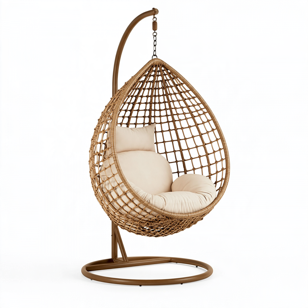 Fauteuil suspendu 105 x 105 x 195 cm en rotin tressé brun avec structure en métal style bohème
