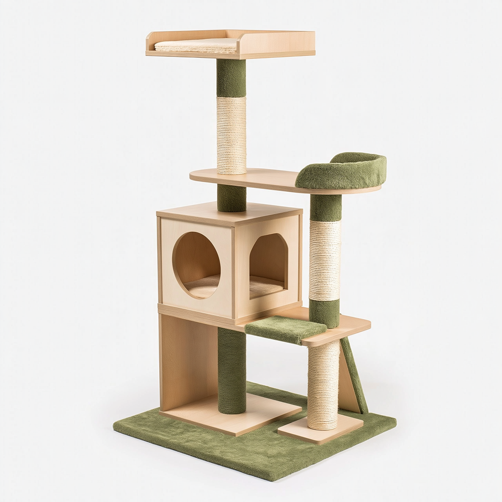 Arbre à chat 60 x 60 x 150 cm en bois beige et vert avec griffoirs en sisal et niches