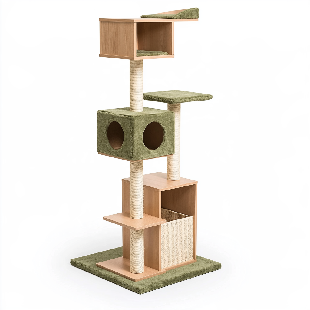Arbre à chat 60 x 60 x 170 cm en bois vert et beige - plateformes griffoirs et niches