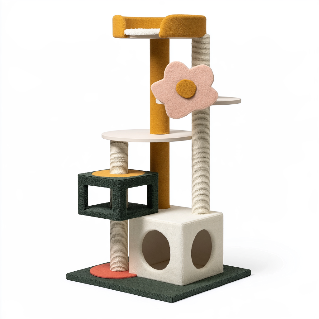 Arbre à chat 60 x 50 x 145 cm en sisal et tissu vert écru jaune moutarde rose avec niches et plateformes