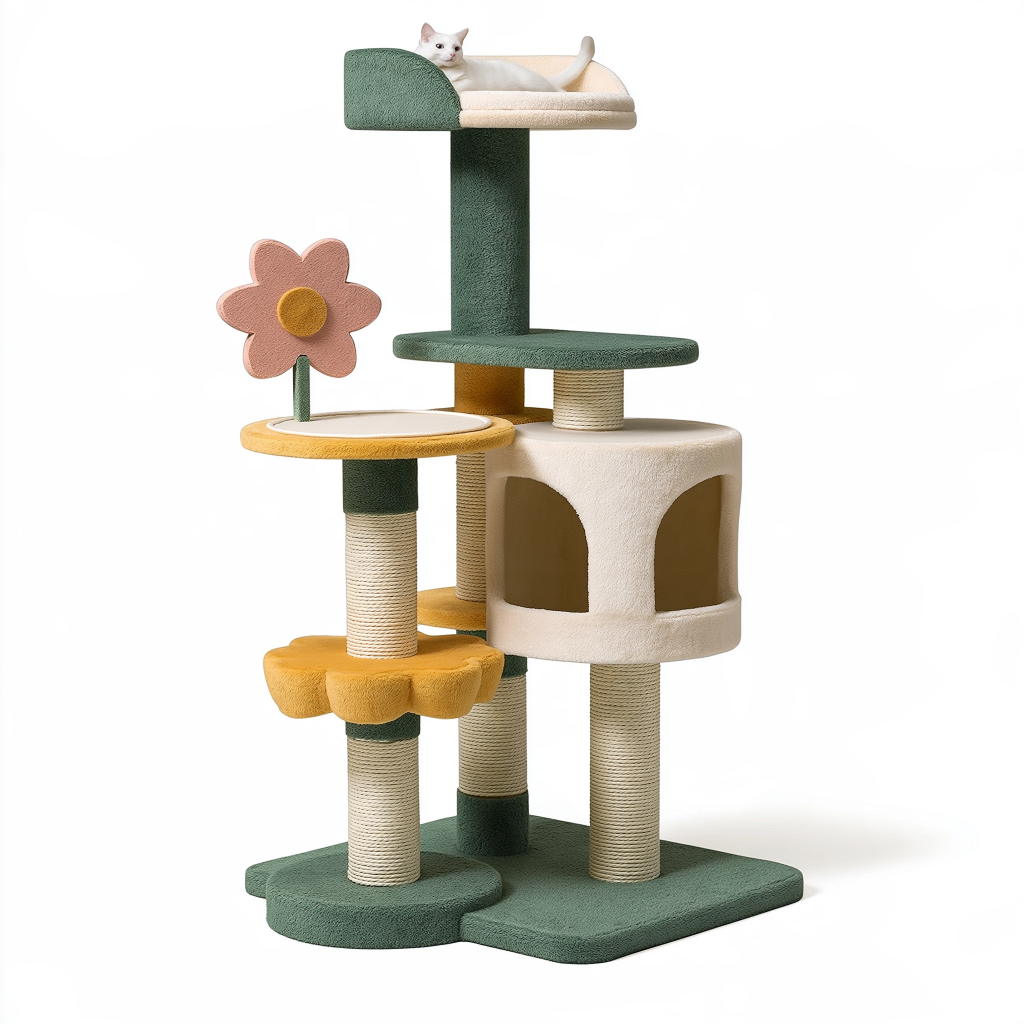 Arbre à chat 60 x 60 x 145 cm en sisal et tissu vert crème avec niches et plateformes ludiques