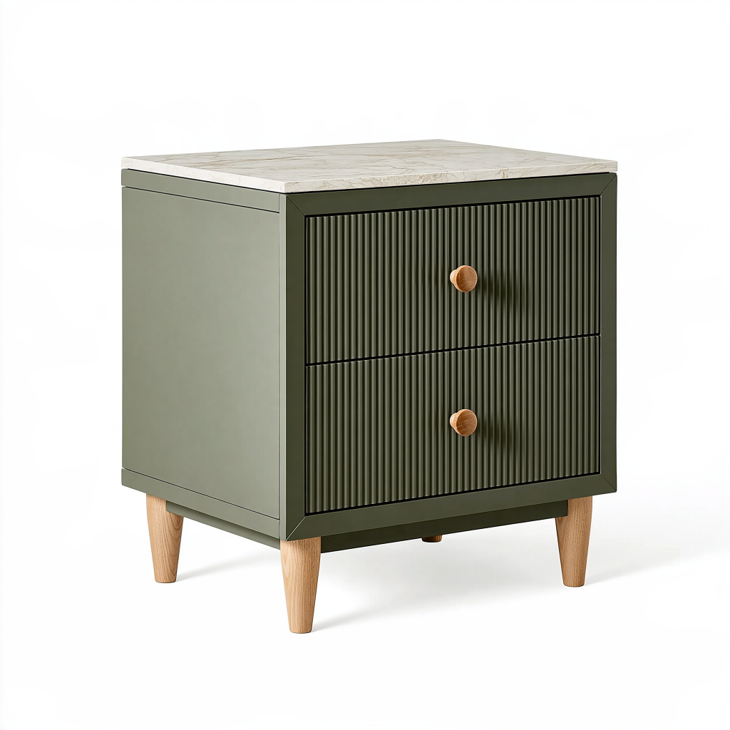 Table de chevet 50 x 40 x 60 cm verte en bois avec 2 tiroirs style contemporain