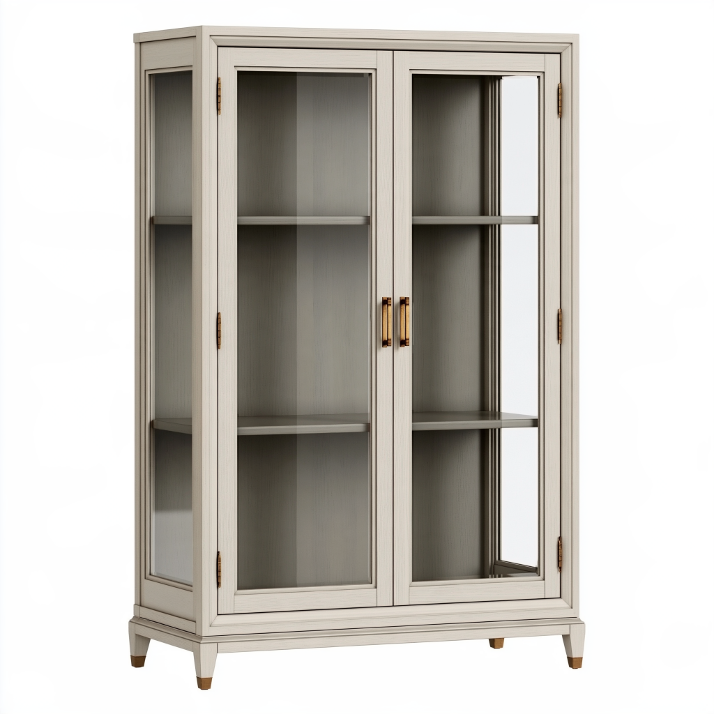 Vitrine 100 x 40 x 180 cm en bois beige avec portes vitrées style classique
