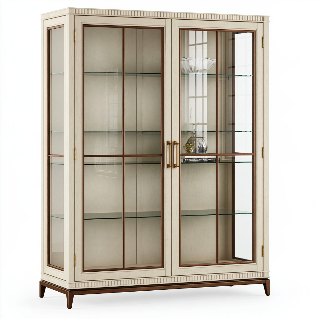 Vitrine 120 x 45 x 190 cm en bois beige et verre avec 2 portes style classique
