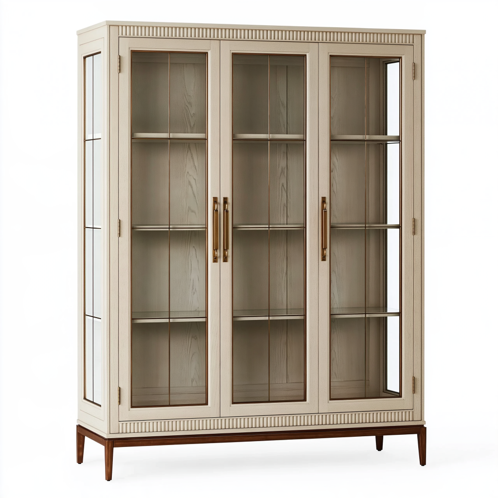 Armoire vitrine 180 x 45 x 200 cm en bois beige avec 3 portes vitrées style classique