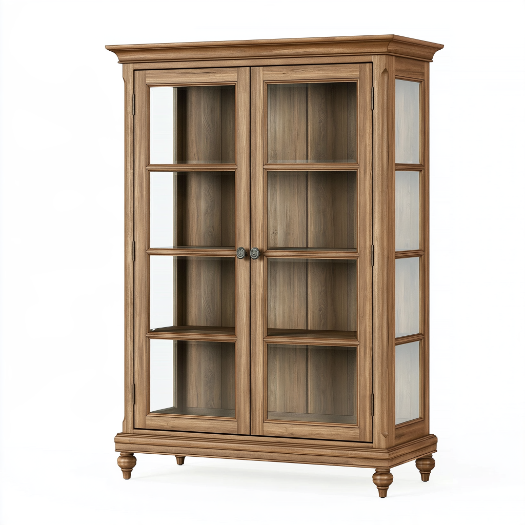 Vitrine 110 x 45 x 190 cm en bois marron à deux portes vitrées style classique