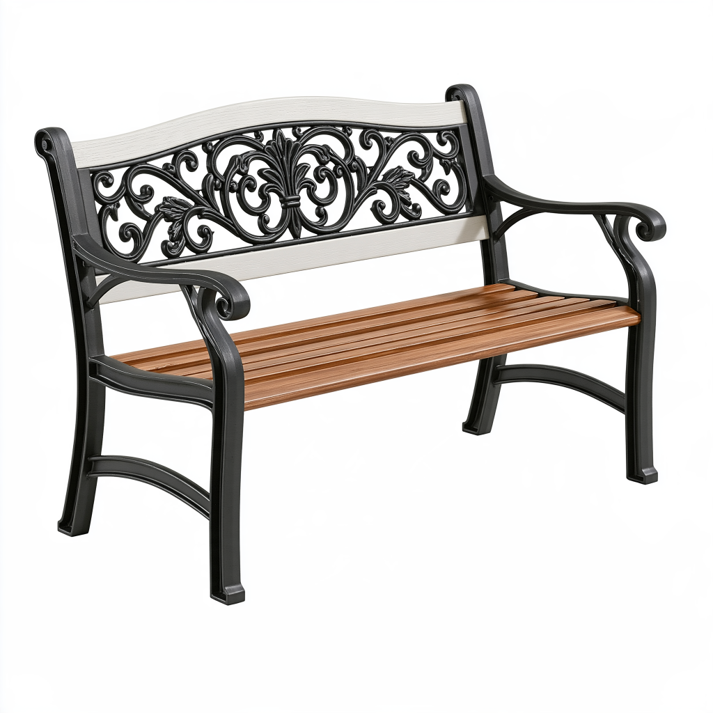 Banc de jardin 122 cm en métal et bois noir marron à accoudoirs style classique